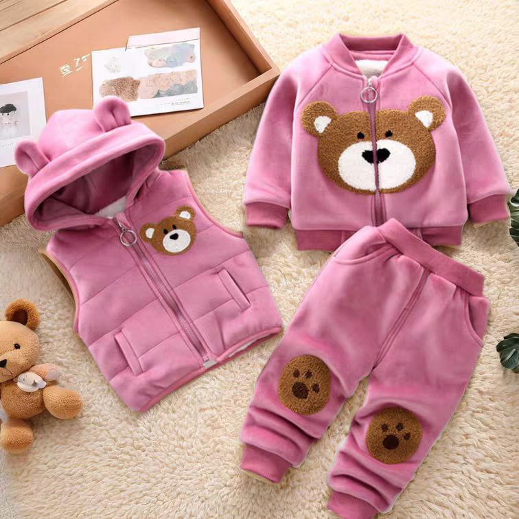 طقم أطفال 3 قطع مطرز بدب كرتوني شتوي دافئ