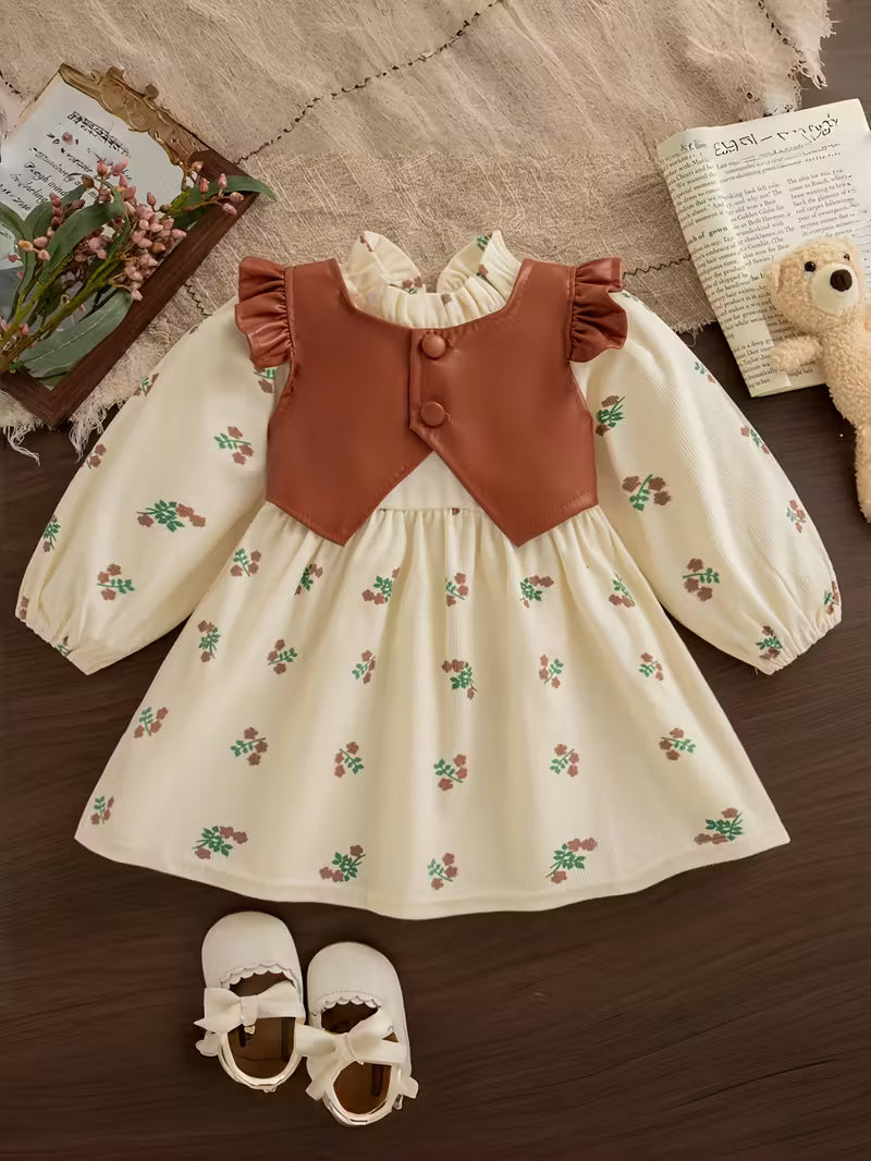 فستان بزهور وصديري جلدي أنيق للبنات