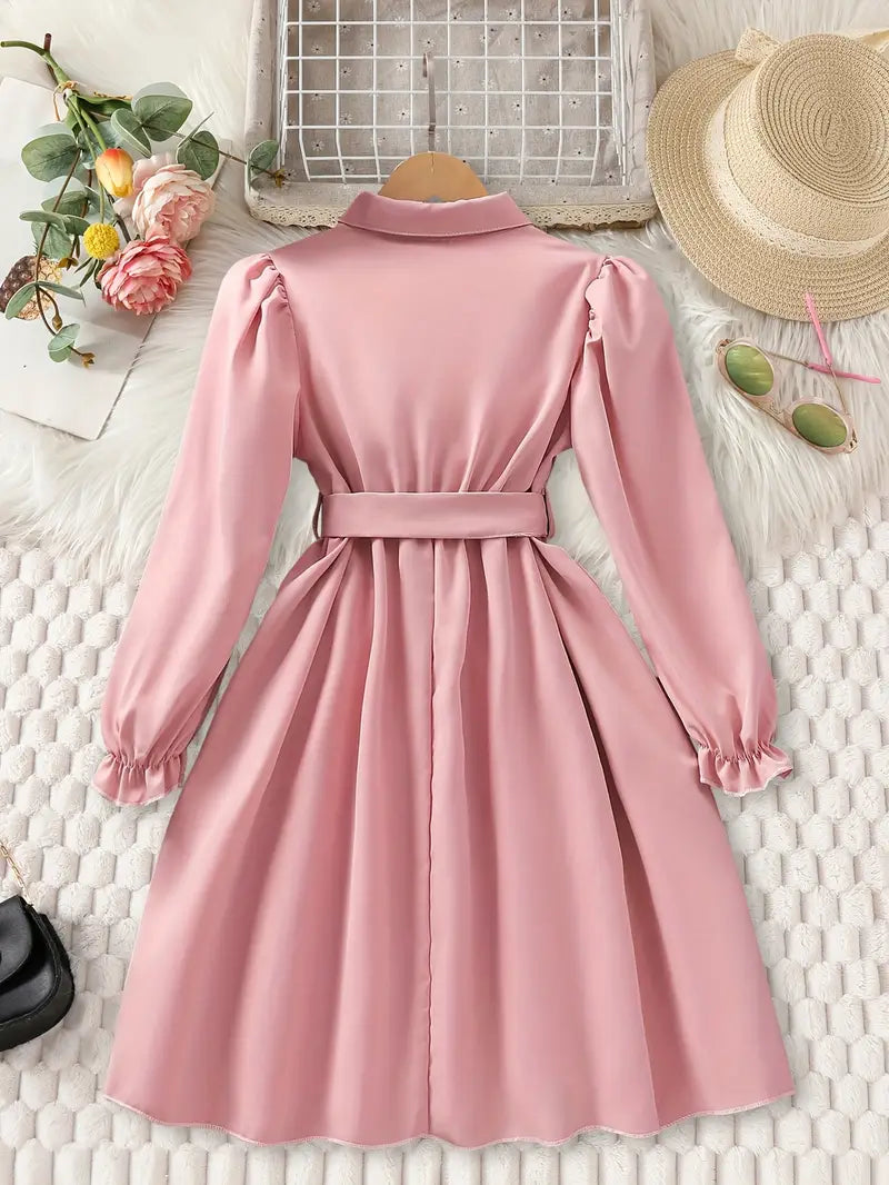 فستان بناتي وردي شيك بياقة وحزام