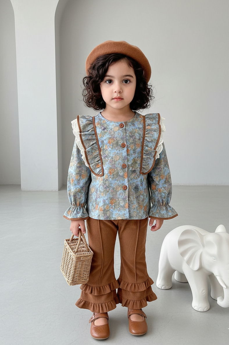 طقم من قطعتين بكشكشة وزهور للبنات