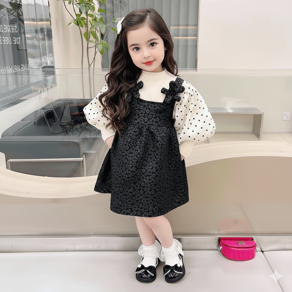 طقم دانتيل منقط بأكمام منفوخة خريفي للبنات