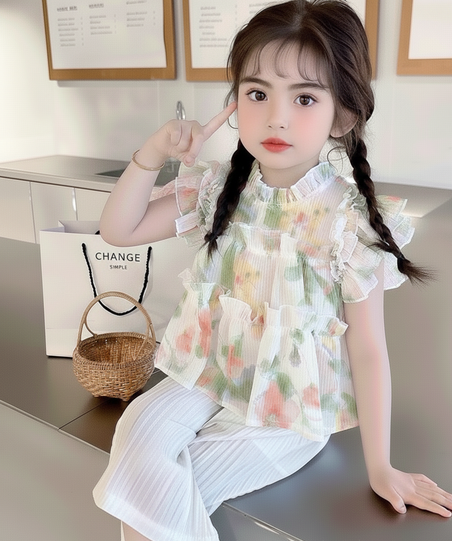 طقم صيفي بناتي أنيق بطبعات زهور وبنطال واسع