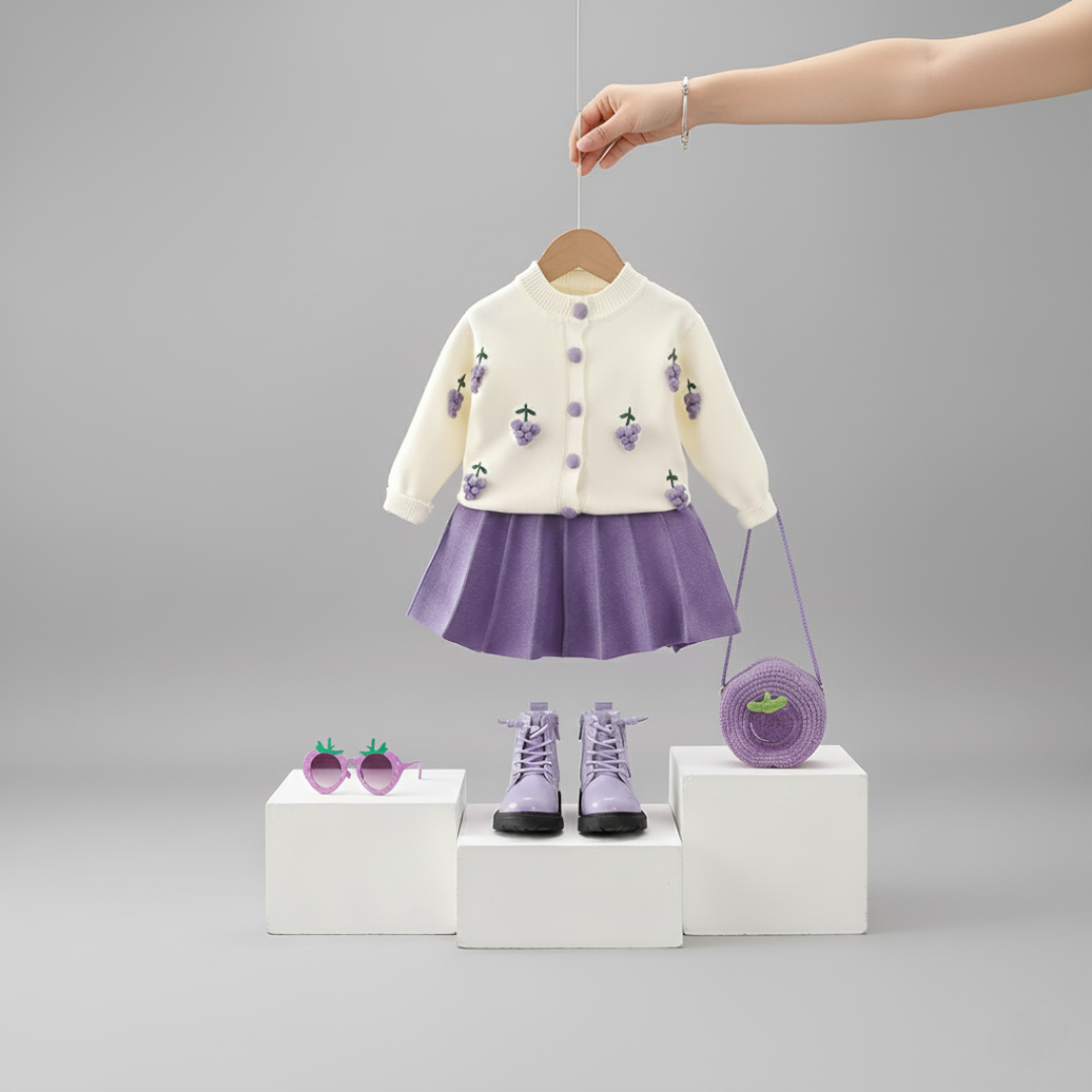 طقم كامل من قطعتين وحذاء بتصميم لامع الى جانب نظارات الفواكه الشمسية وحقيبة