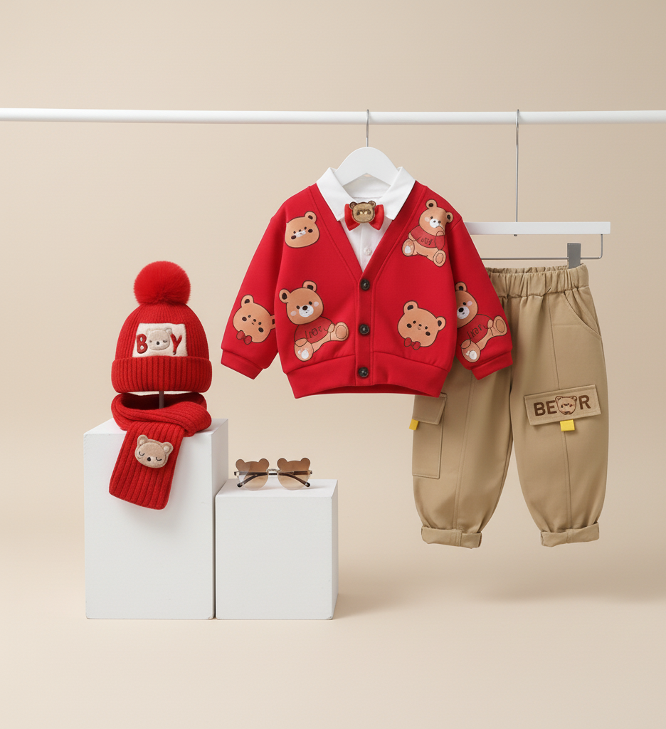 طقم بطبعة دب وربطة عنق من ثلاث قطع للأولاد مع نظارات شمسية و قبعة دافئة