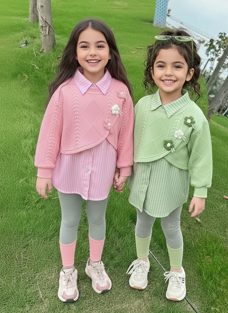 طقم 3 قطع تصميم ورد مطرز خريفي للبنات