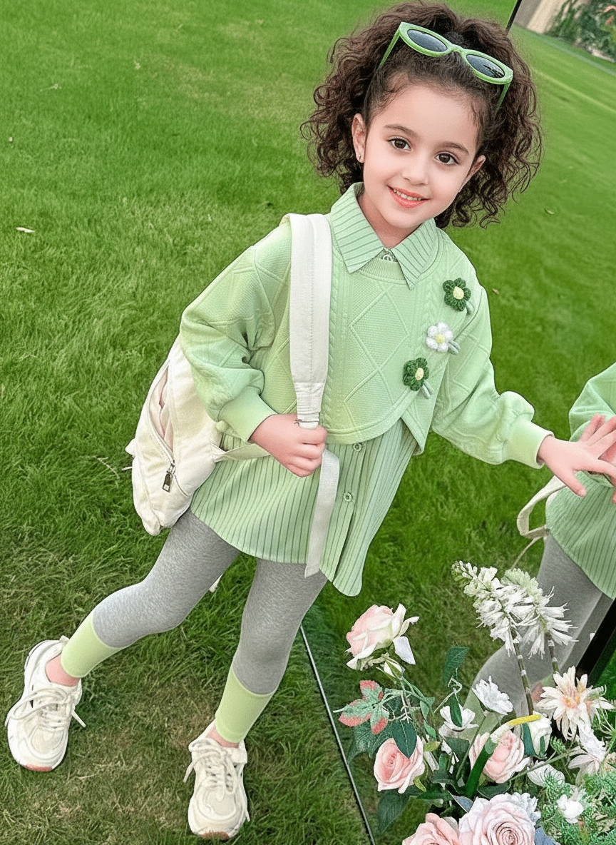 طقم 3 قطع تصميم ورد مطرز خريفي للبنات