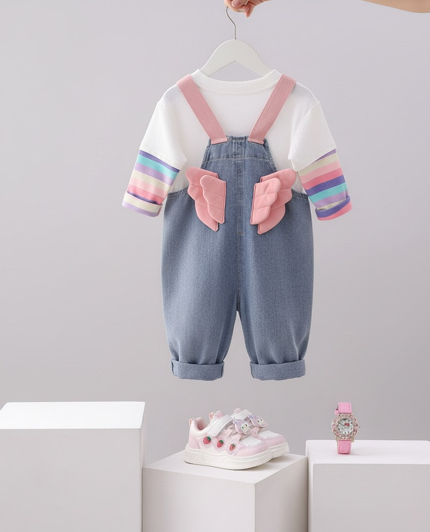 طقم جينز كامل من قطعتين وحذاء رياضي الى جانب ساعة وردية