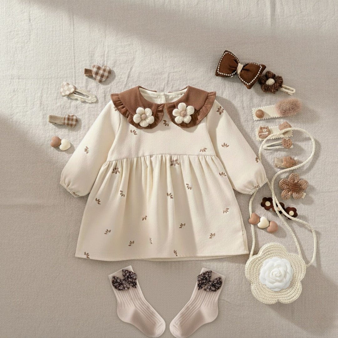 فستان مزين بالزهور مع حقيبة متناسقة الى جانب الجوارب واكسيسوارت الشعر