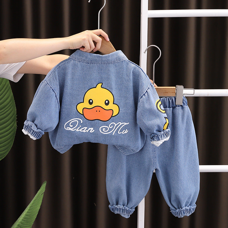 طقم جينز أطفال 3 قطع بطبعة بطة لمظهر مرح ومريح