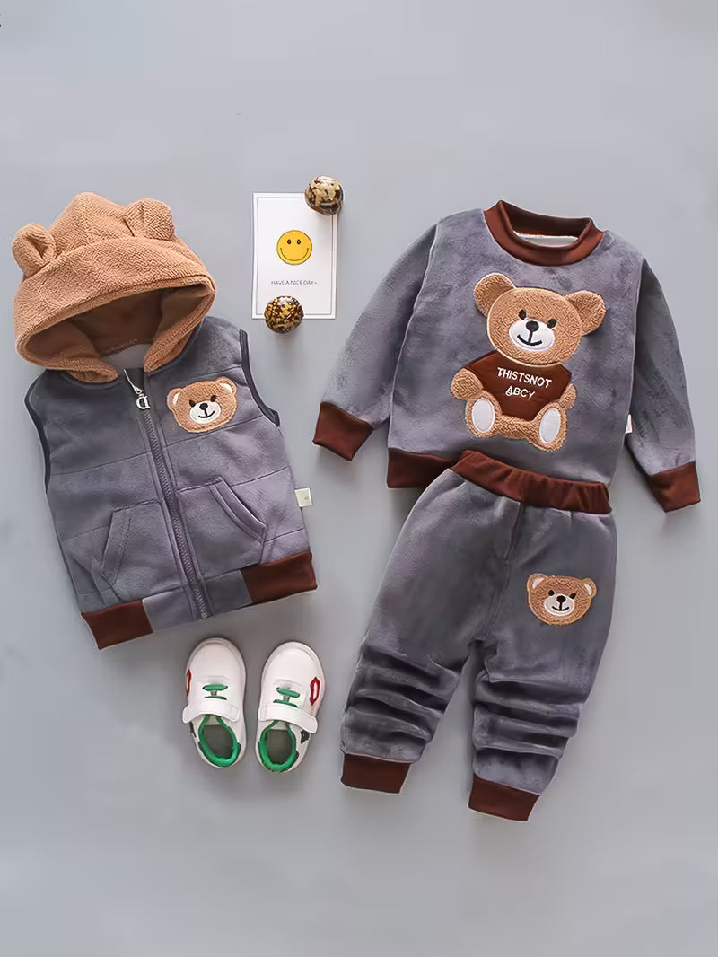 طقم أطفال 3 قطع مطرز بدب كرتوني شتوي دافئ