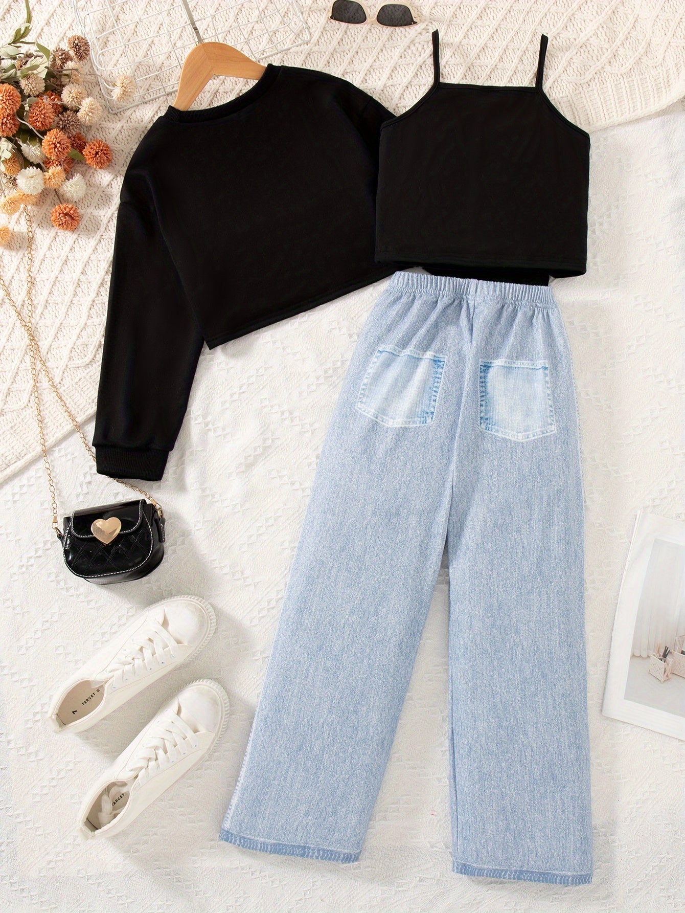 طقم بناتي 3 قطع كروب توب، جاكيت بوليرو وبنطلون جينز