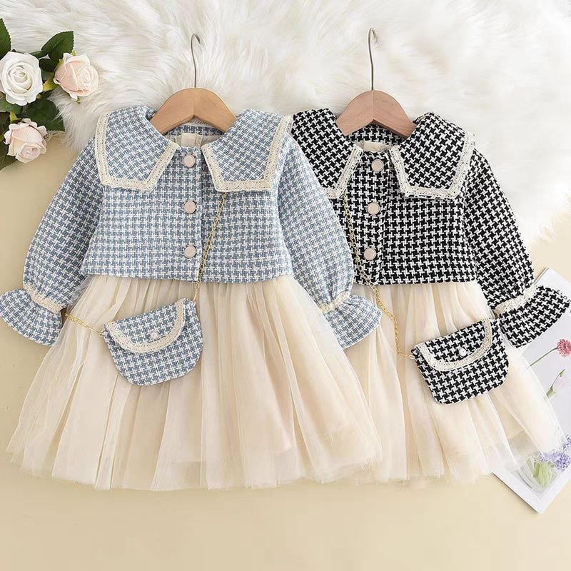 فستان تويد خريفي للبنات مع حقيبة