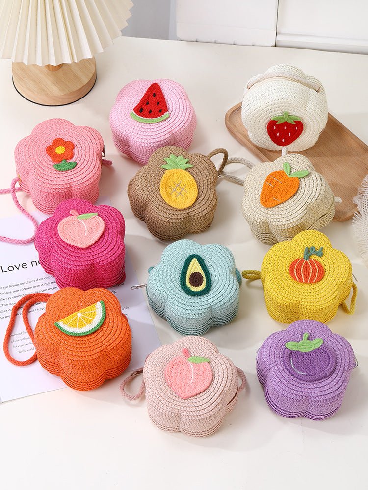 حقيبة يد بشكل زهرة مطرزة بالفواكه بتصميم كروشيه ملون ومقبض كتف صيفي للبنات