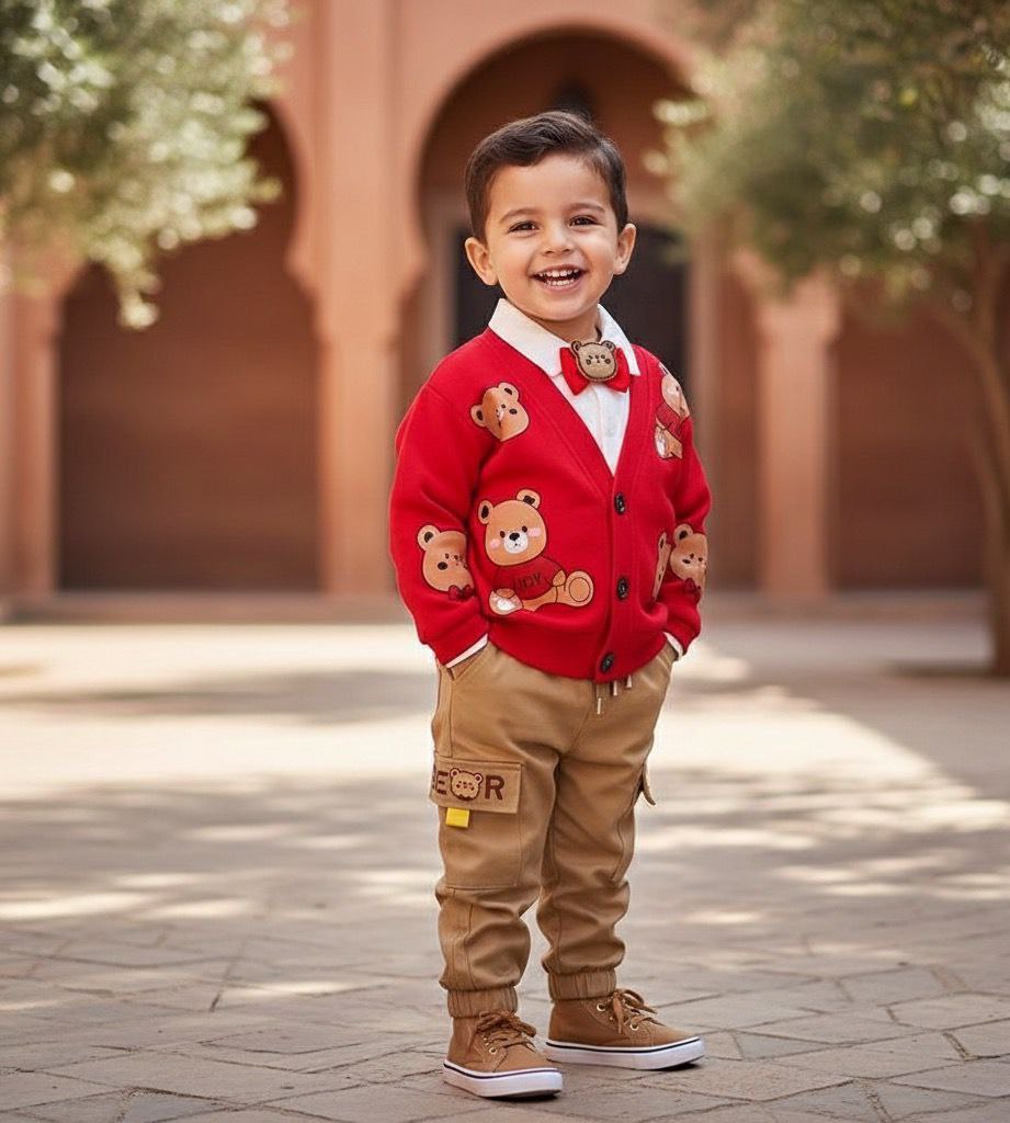 طقم خريفي بطبعة دب وربطة عنق من تلاث قطع للأولاد