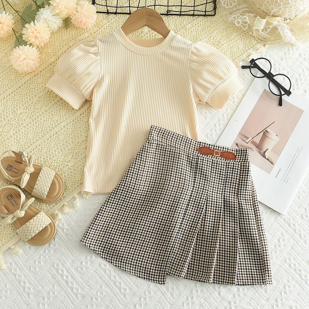 طقم بناتي من قطعتين بلوزة و تنورة قصيرة أكمام منفوشة ونقشة مربعات مناسب لصيف