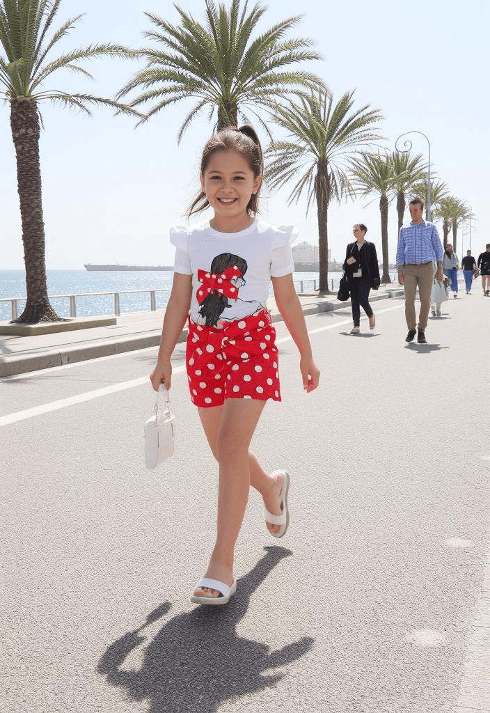 طقم بناتي من قطعتين تيشيرت برسمة ووردة ثلاثية الأبعاد و شورت منقط بتصميم صيفي