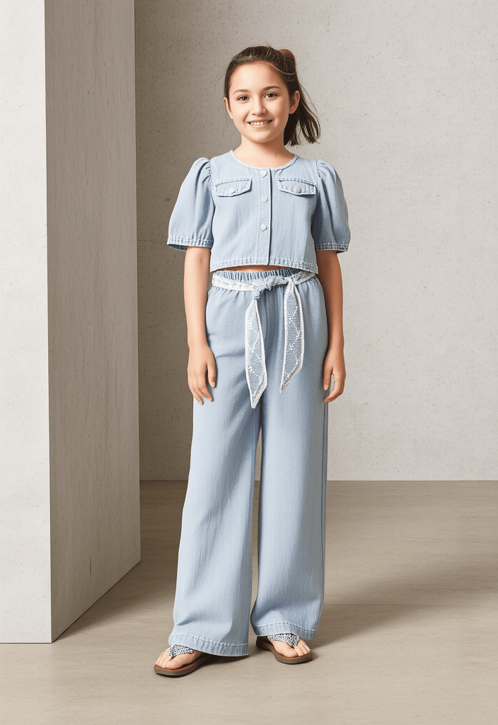 طقم جينز بكم منتفخ وسروال واسع تصميم صيفي للبنات