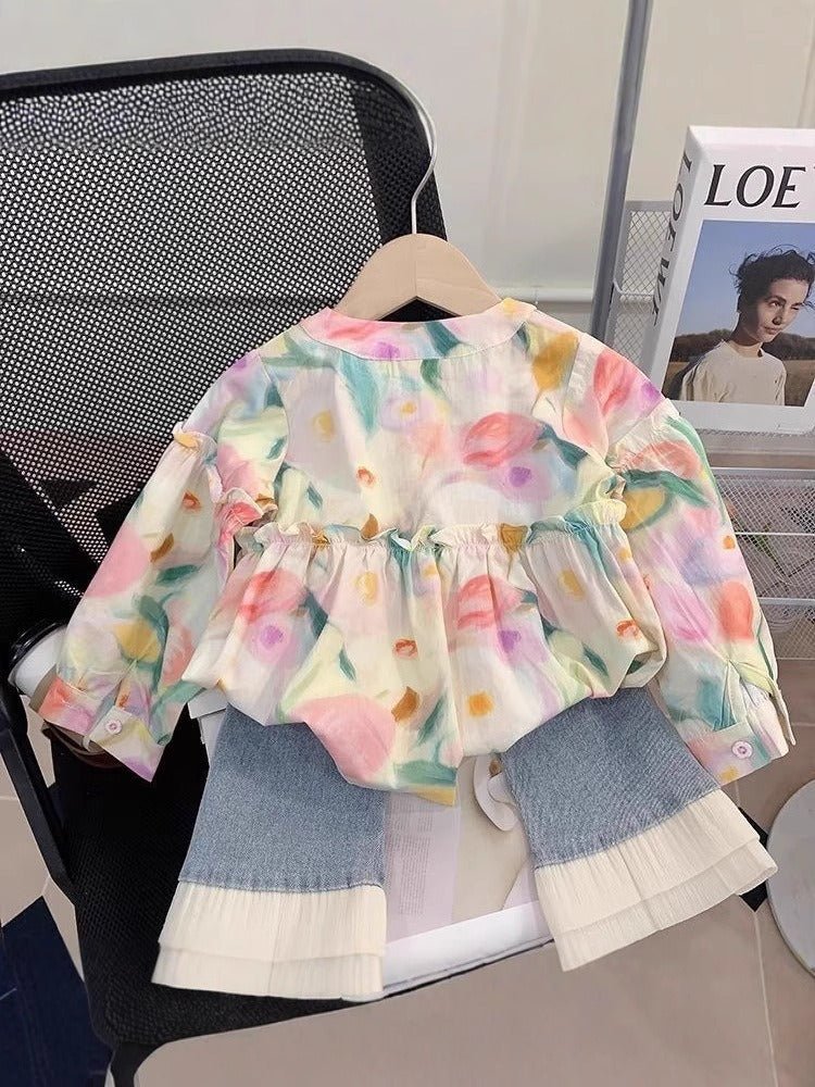 طقم من قطعتين بطبعة ألوان مائية للبنات