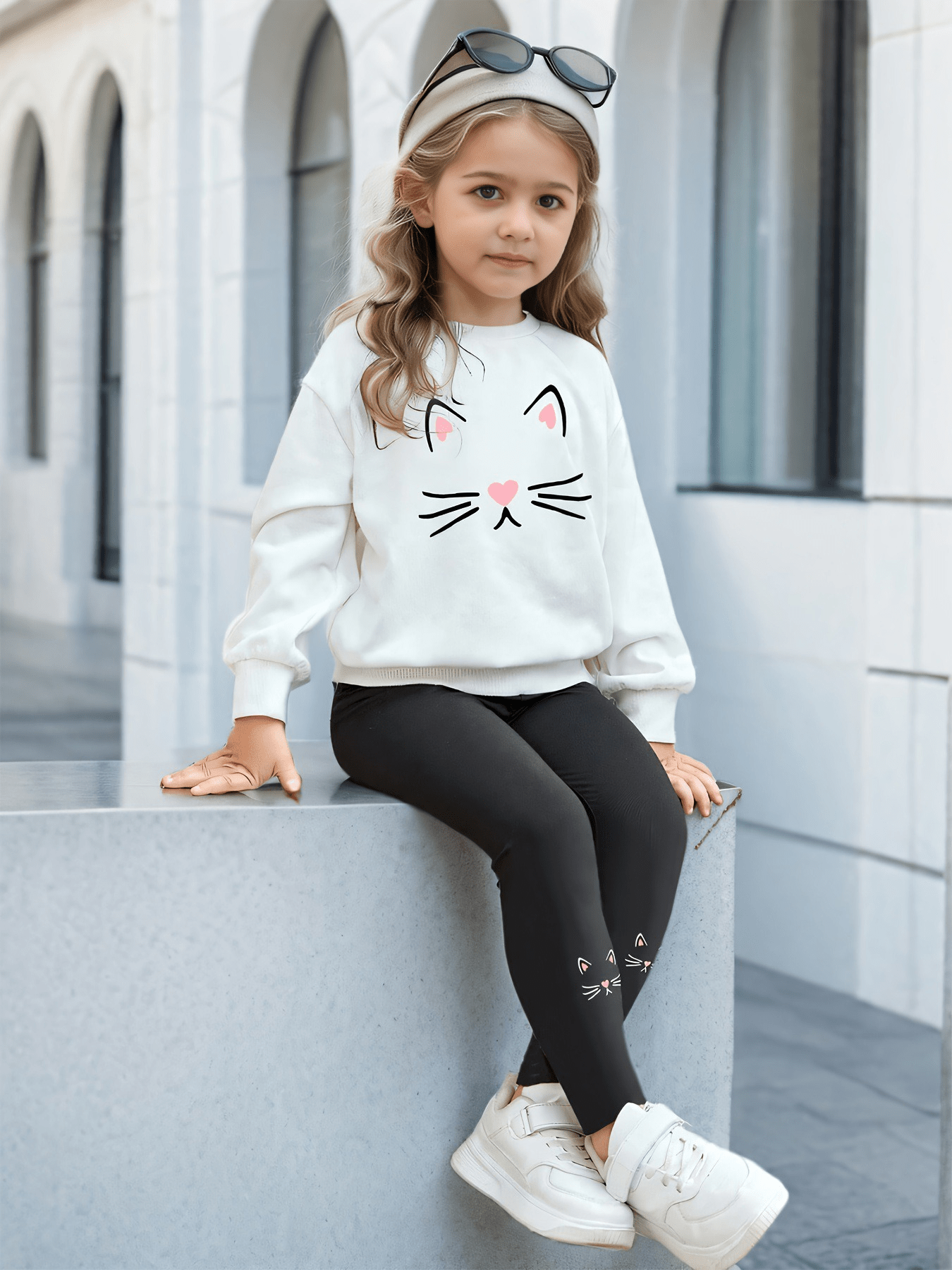 طقم شتوي بطبعة قطة للبنات