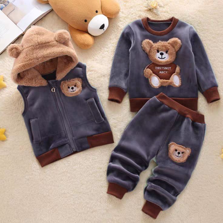 طقم أطفال 3 قطع مطرز بدب كرتوني  شتوي دافئ