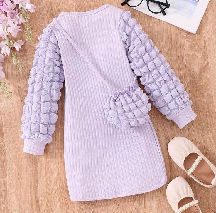 فستان بناتي شتوي بأكمام منفوخة وحقيبة كتف مطابقة