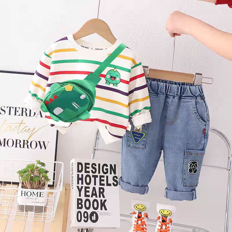 طقم مخطط بألوان زاهية وحقيبة بطبعة ديناصور تصميم  مريح للأولاد