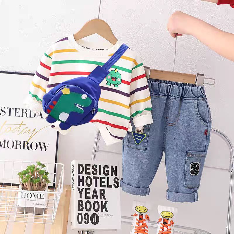 طقم مخطط بألوان زاهية وحقيبة بطبعة ديناصور تصميم  مريح للأولاد