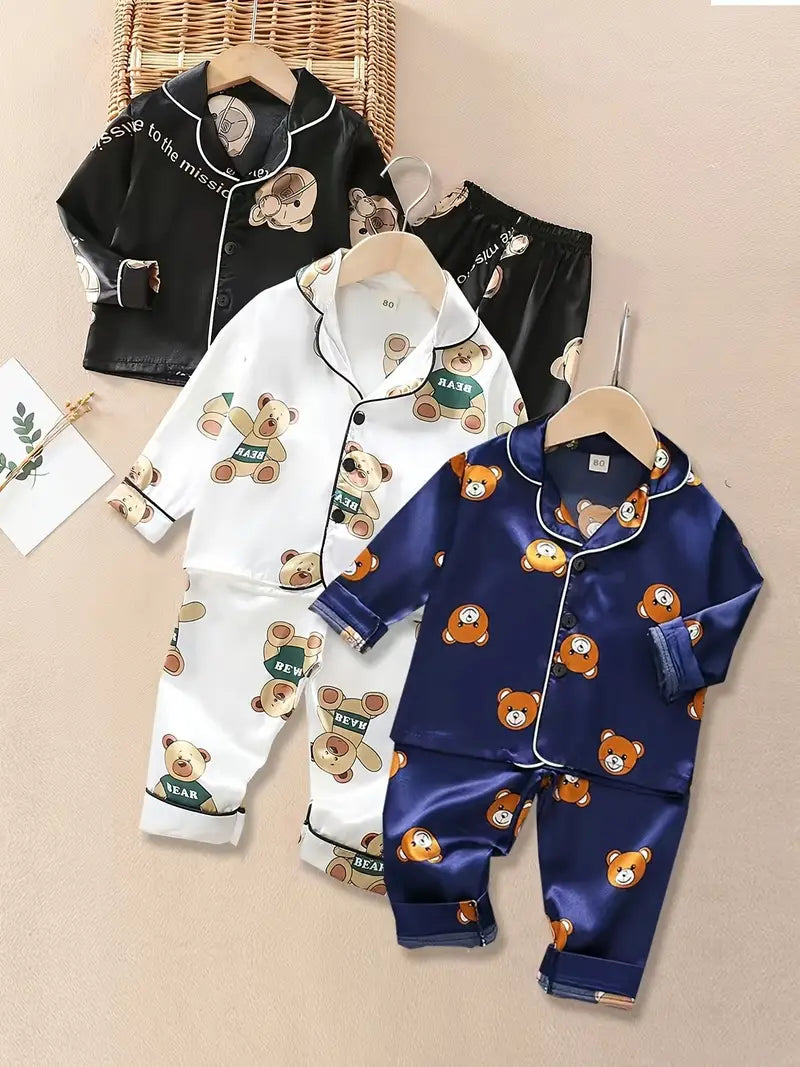 بيجامات الأطفال الحريرية بطبعة الدب