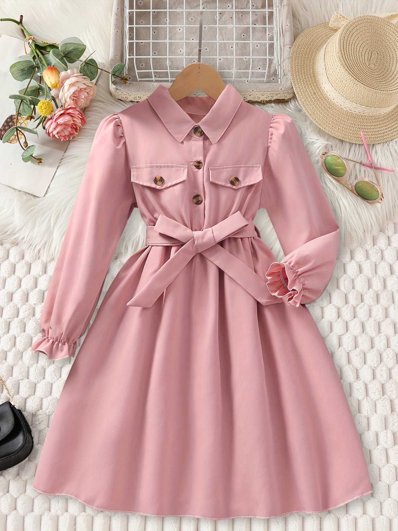 فستان بناتي وردي شيك بياقة وحزام