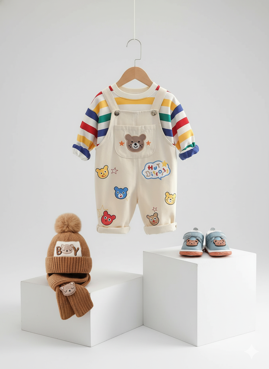 طقم كامل من قطعتين و حذاء دافئ الى جانب قبعة شتوية