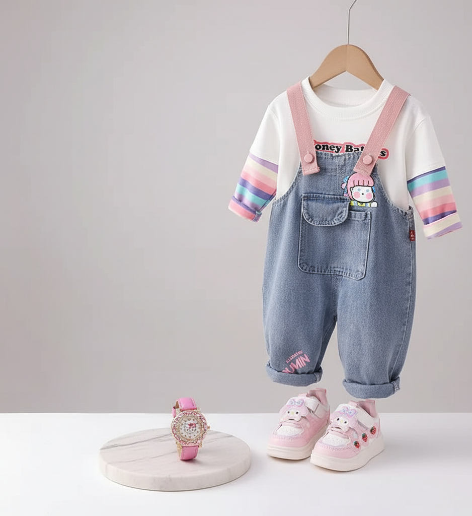 طقم جينز كامل من قطعتين وحذاء رياضي الى جانب ساعة وردية