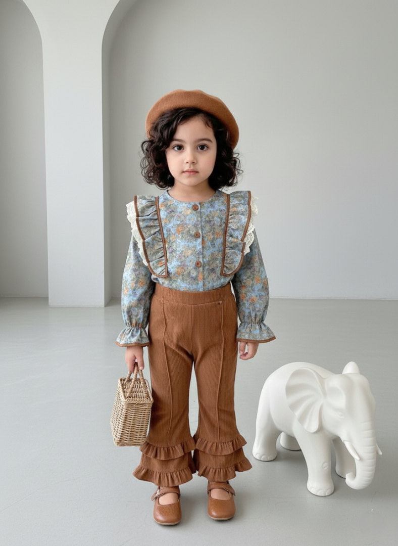 طقم من قطعتين بكشكشة وزهور للبنات