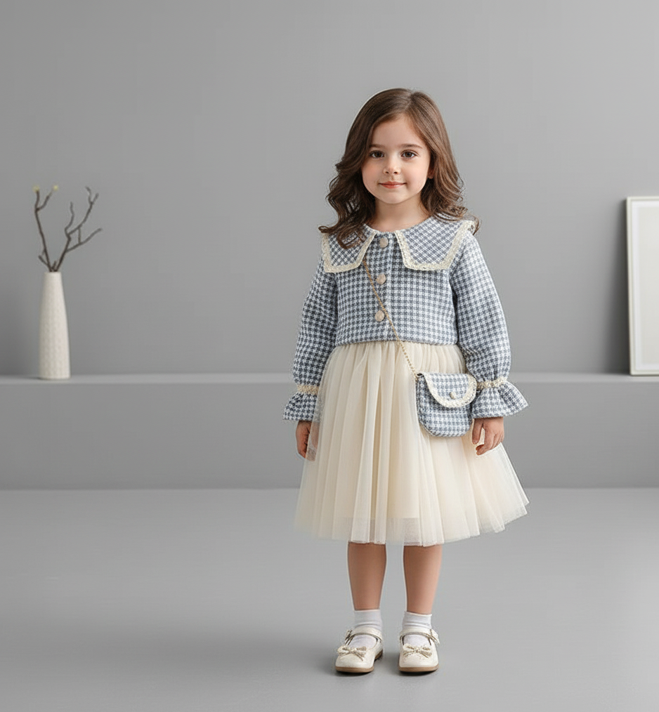 فستان تويد خريفي للبنات مع حقيبة