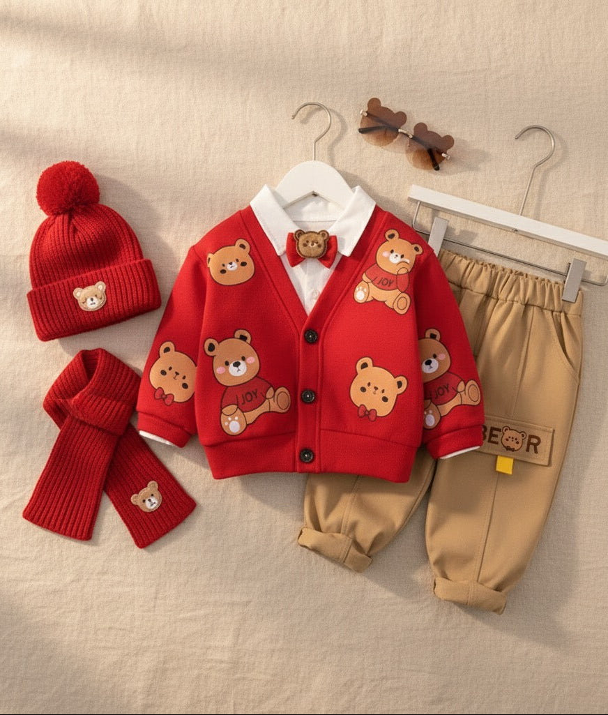 طقم بطبعة دب وربطة عنق من ثلاث قطع للأولاد مع نظارات شمسية و قبعة دافئة