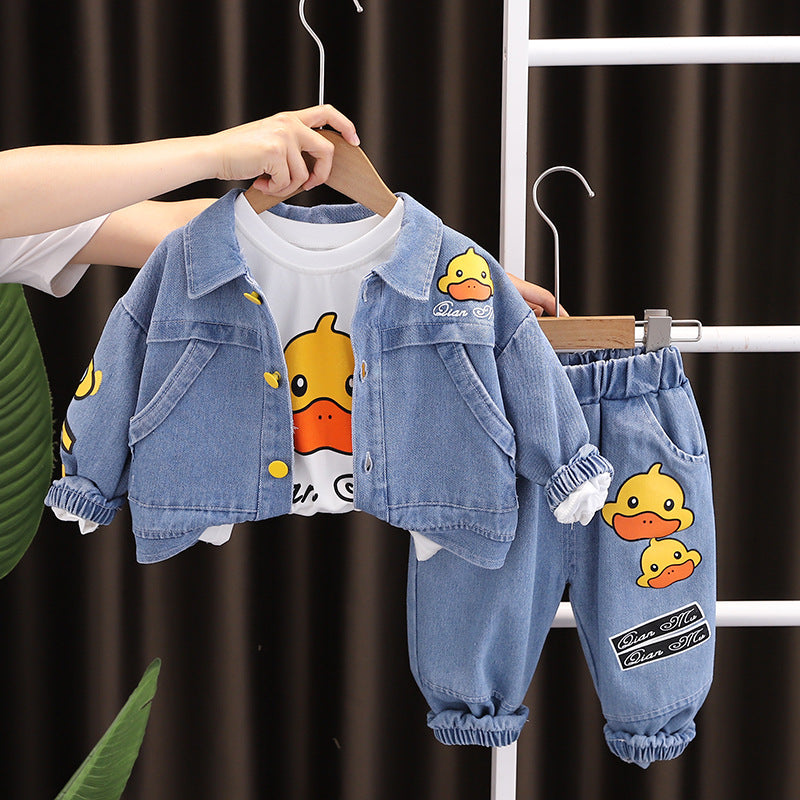 طقم جينز أطفال 3 قطع بطبعة بطة لمظهر مرح ومريح