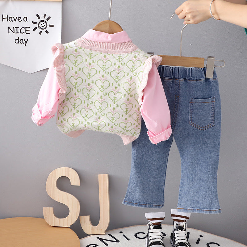 طقم بناتي 3 قطع أنيق بقميص وردي وسترة برسمة أرنب وبنطلون جينز بالفراشات