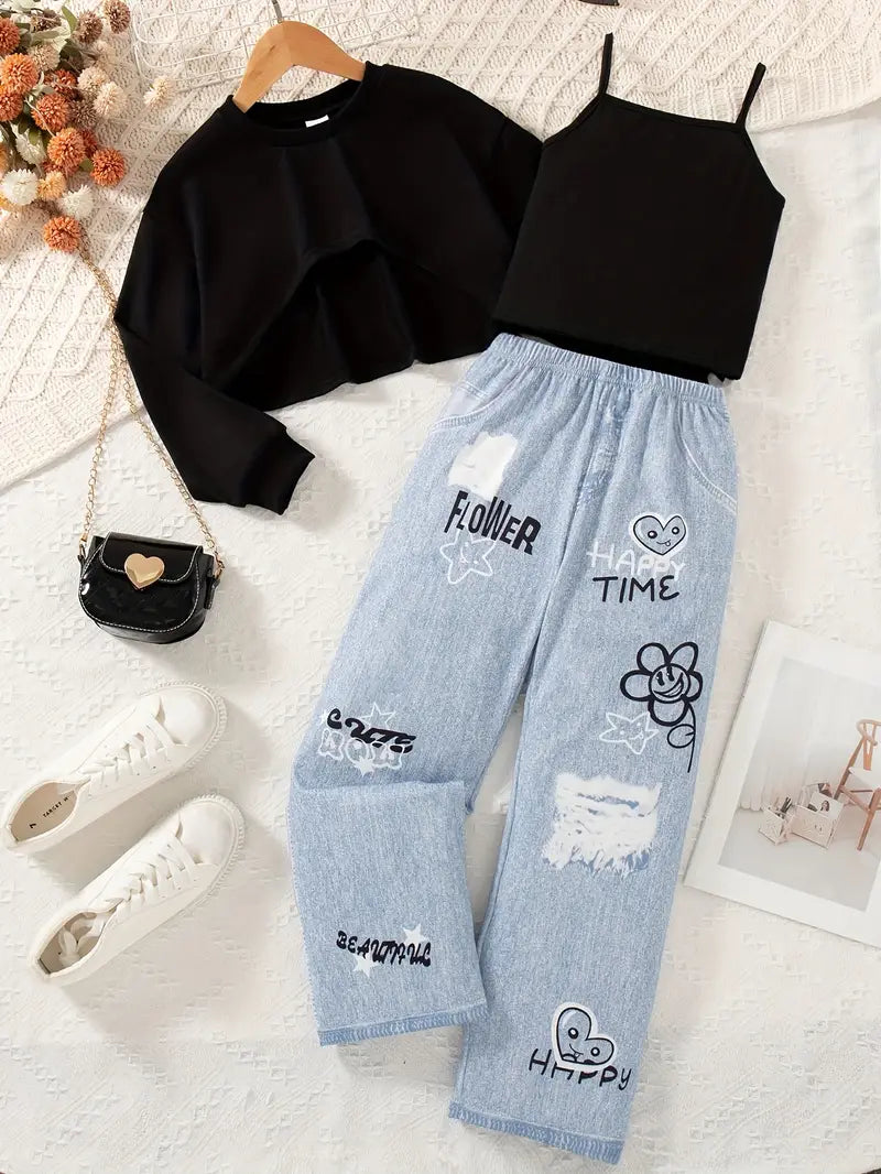 طقم بناتي 3 قطع كروب توب، جاكيت بوليرو وبنطلون جينز