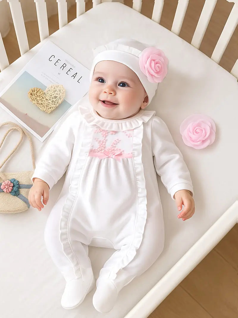 سالوبيت أبيض قطني ناعم بتطريز وردي  وغطاء رأس متناسق