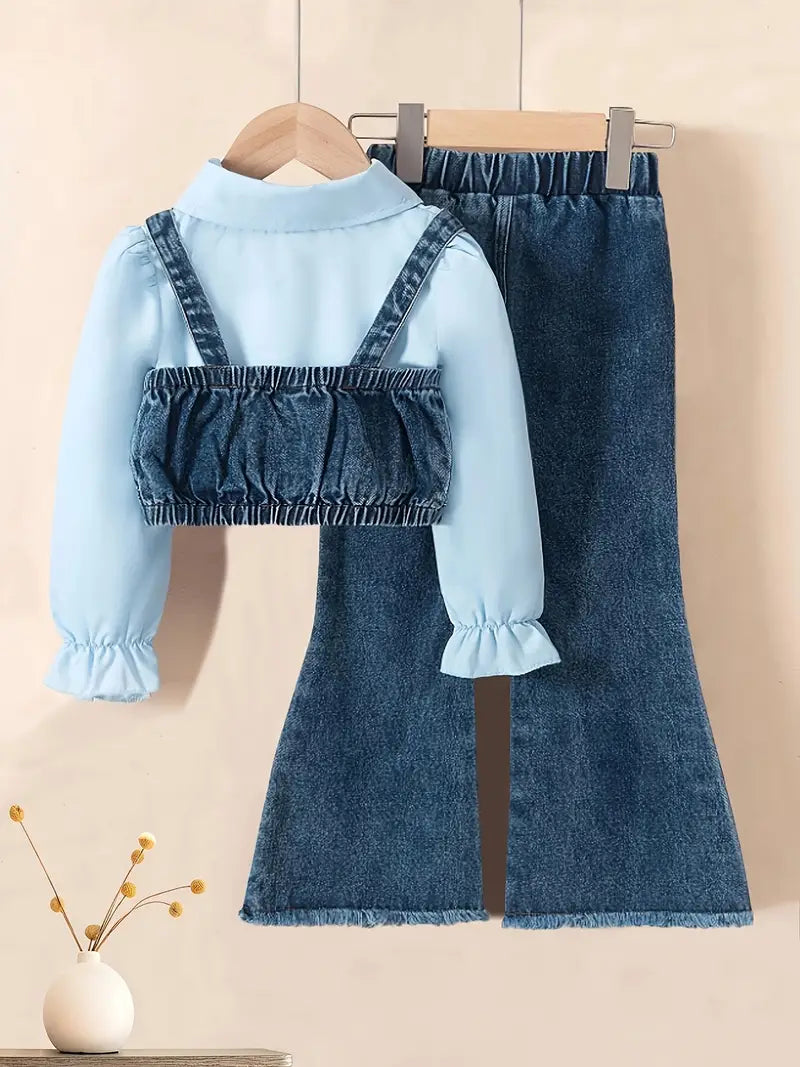 طقم بناتي 3 قطع يجمع بين الجينز والقميص الناعم لإطلالة مميزة