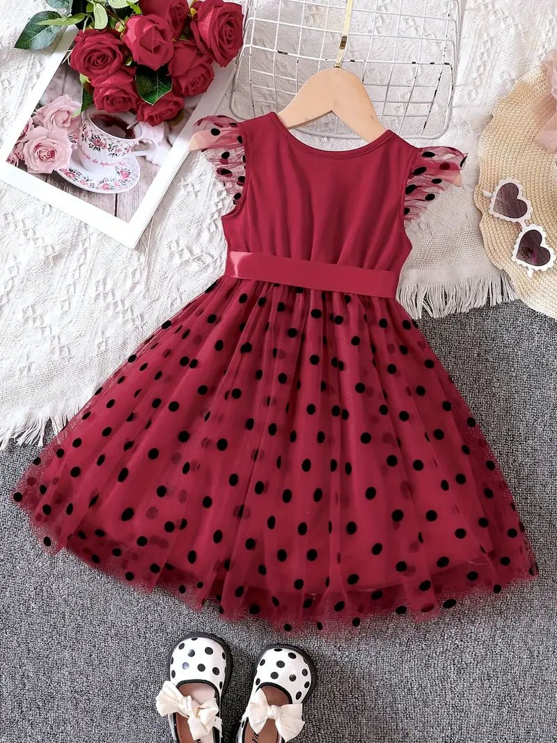 فستان دانتيل منقّط بفيونكة بتصميم شبكي صيفي للبنات - DeerChic