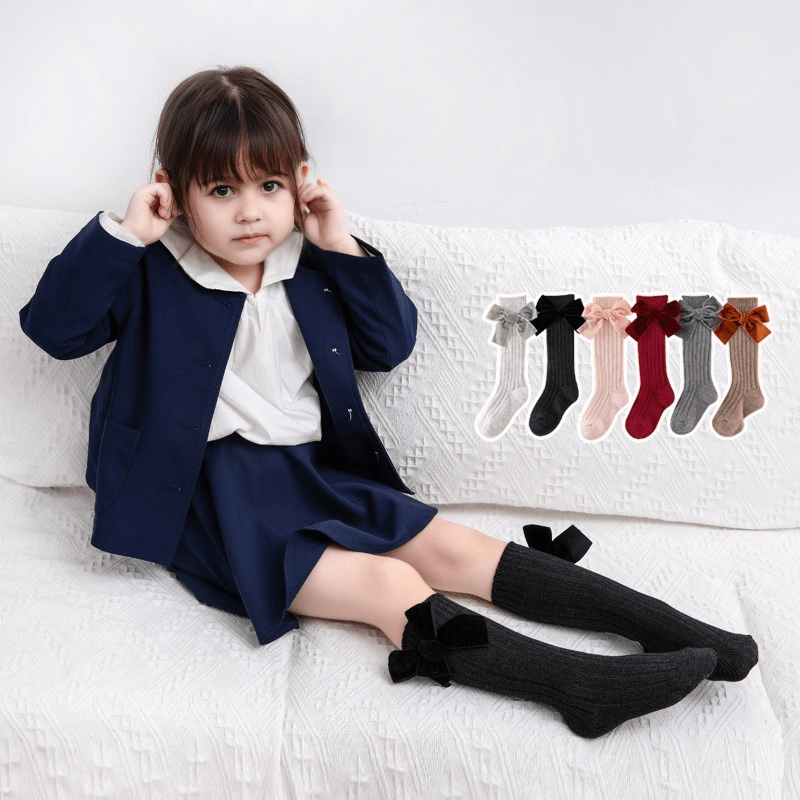 جوارب طويلة شتوية بفيونكة مخملية للبنات - DeerChic