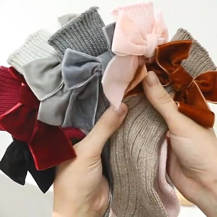 جوارب طويلة شتوية بفيونكة مخملية للبنات - DeerChic