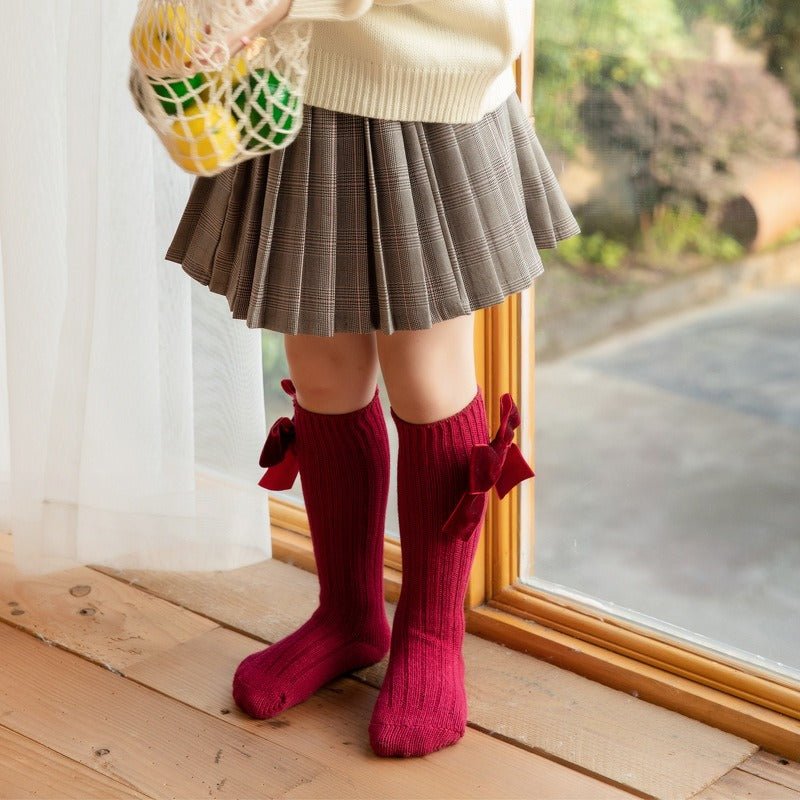 جوارب طويلة شتوية بفيونكة مخملية للبنات - DeerChic