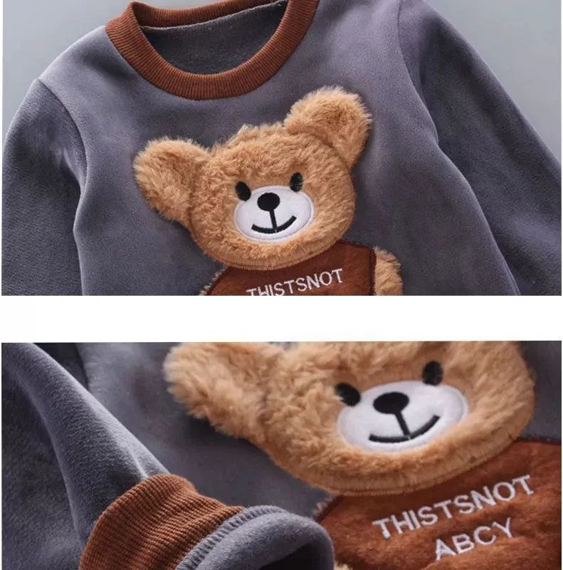طقم أطفال 3 قطع مطرز بدب كرتوني شتوي دافئ - DeerChic