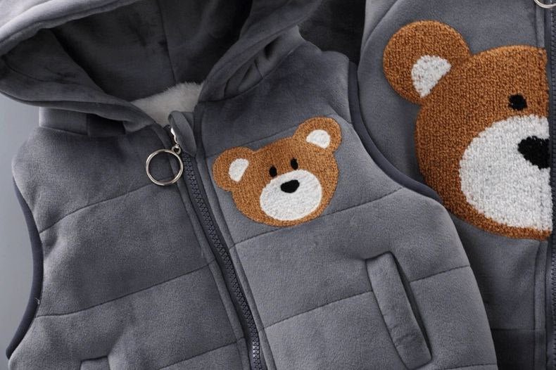 طقم أطفال 3 قطع مطرز بدب كرتوني شتوي دافئ - DeerChic