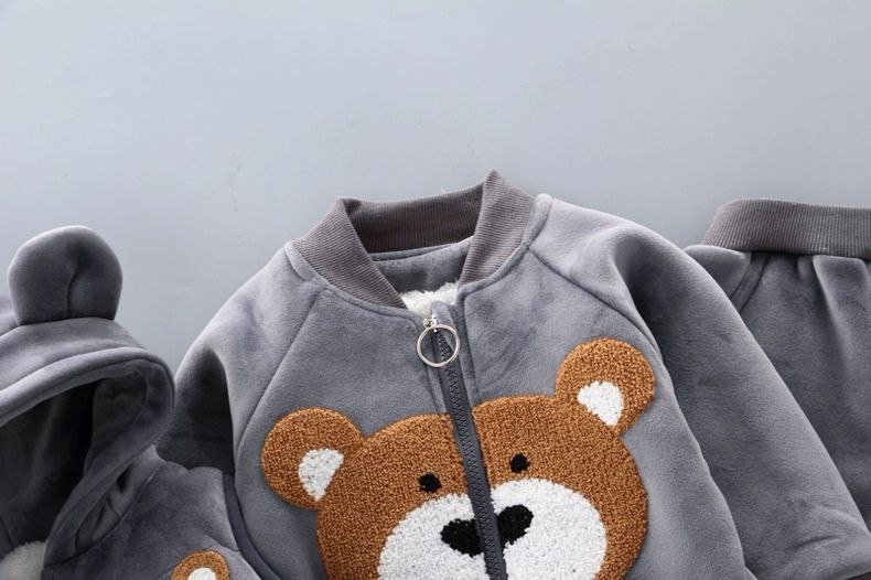 طقم أطفال 3 قطع مطرز بدب كرتوني شتوي دافئ - DeerChic