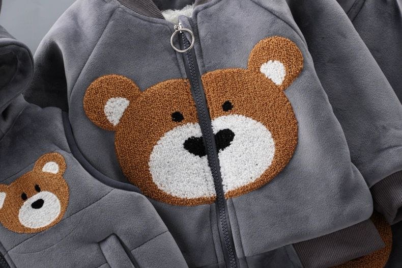 طقم أطفال 3 قطع مطرز بدب كرتوني شتوي دافئ - DeerChic