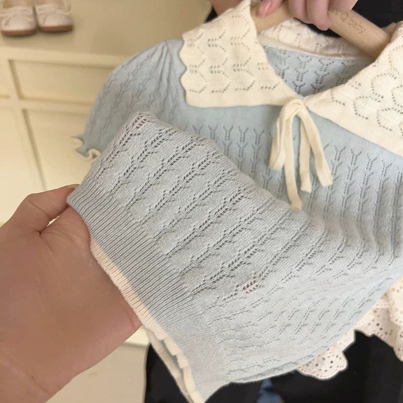 طقم بكروشيه وياقة مزخرفة وتنورة بطبقات تصميم صيفي للبنات - DeerChic