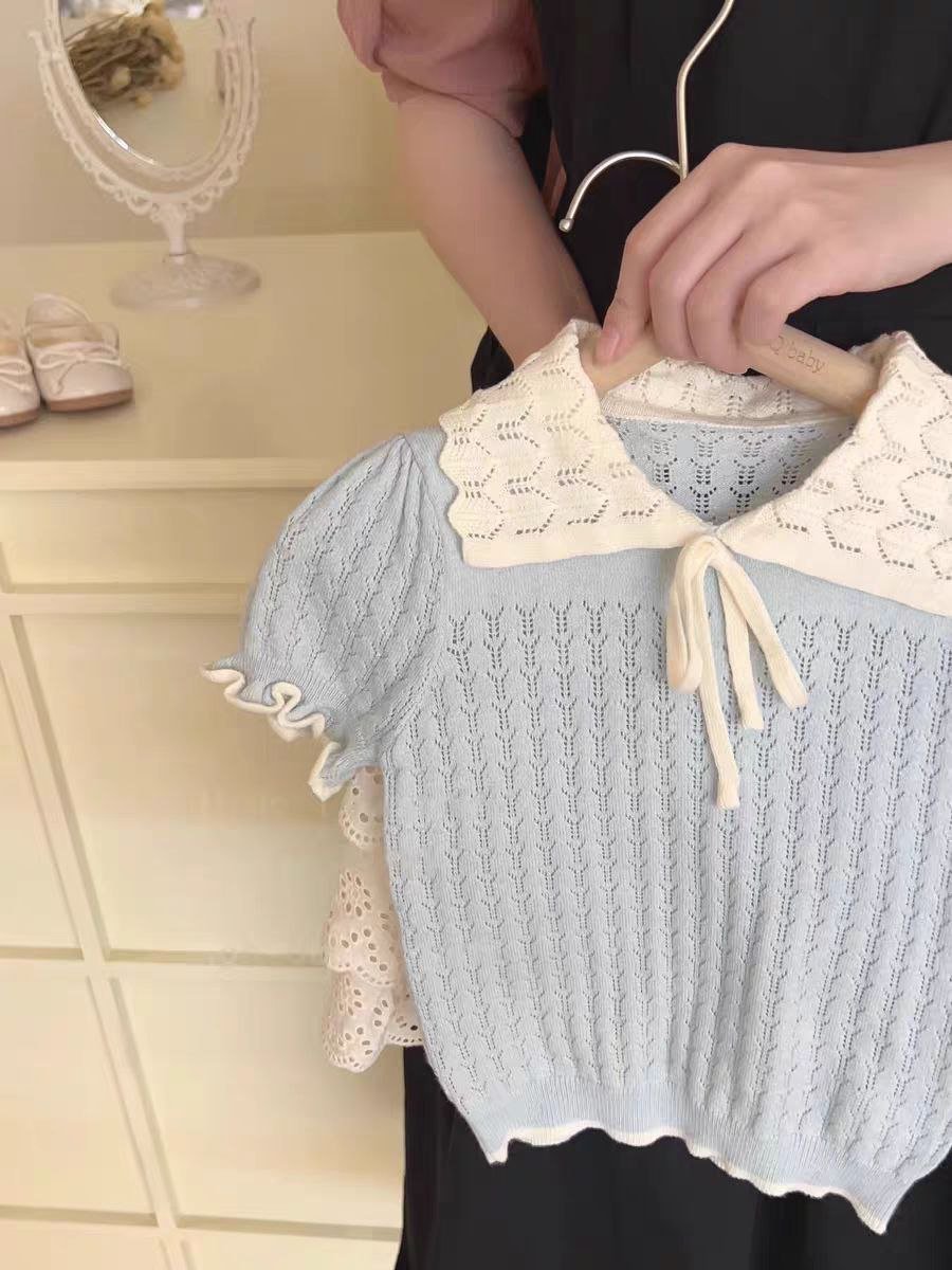 طقم بكروشيه وياقة مزخرفة وتنورة بطبقات تصميم صيفي للبنات - DeerChic