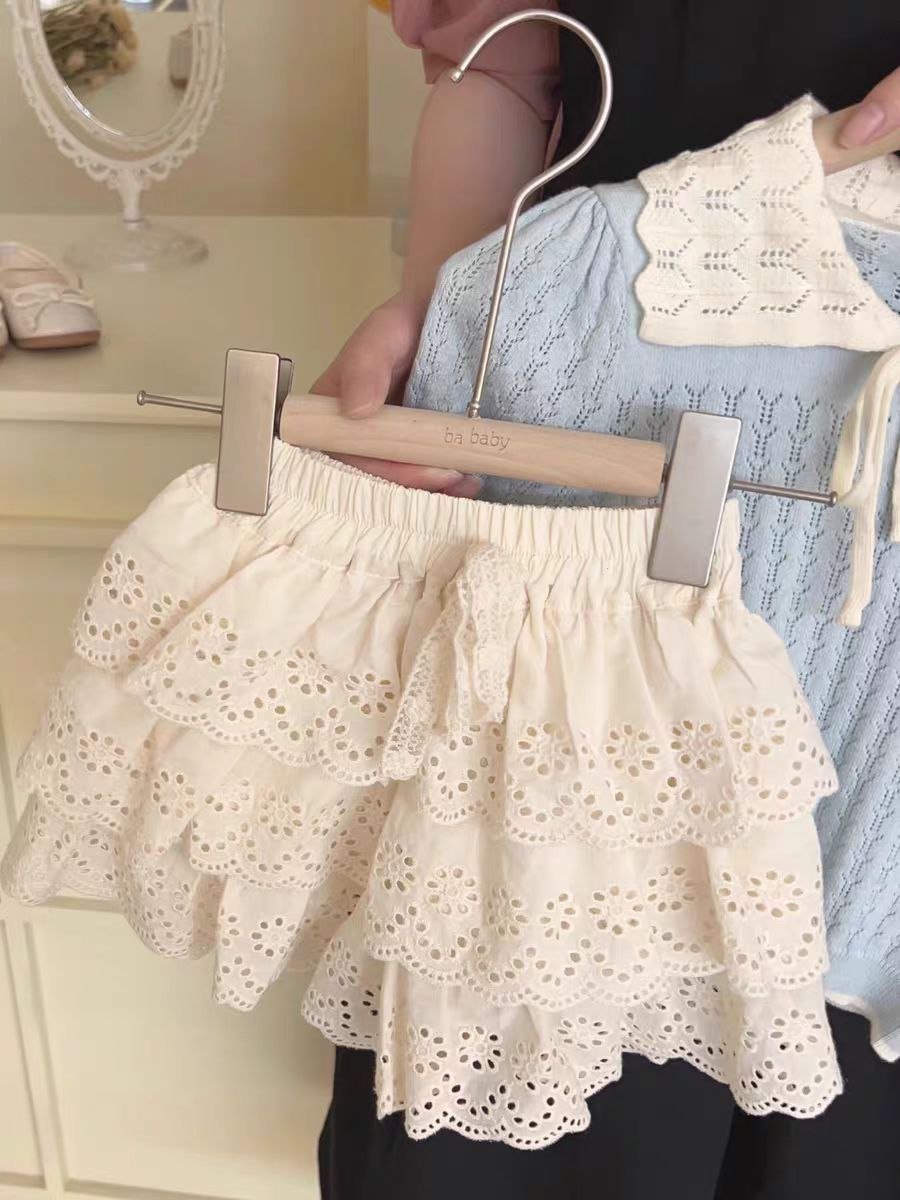 طقم بكروشيه وياقة مزخرفة وتنورة بطبقات تصميم صيفي للبنات - DeerChic